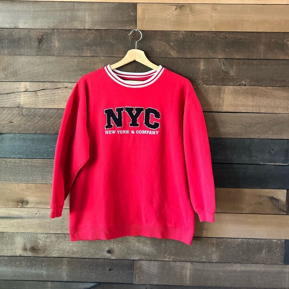 Y2K New York & Company Red Embroidered Varsity Style Crewneck Sweater - Picture 11 of 13